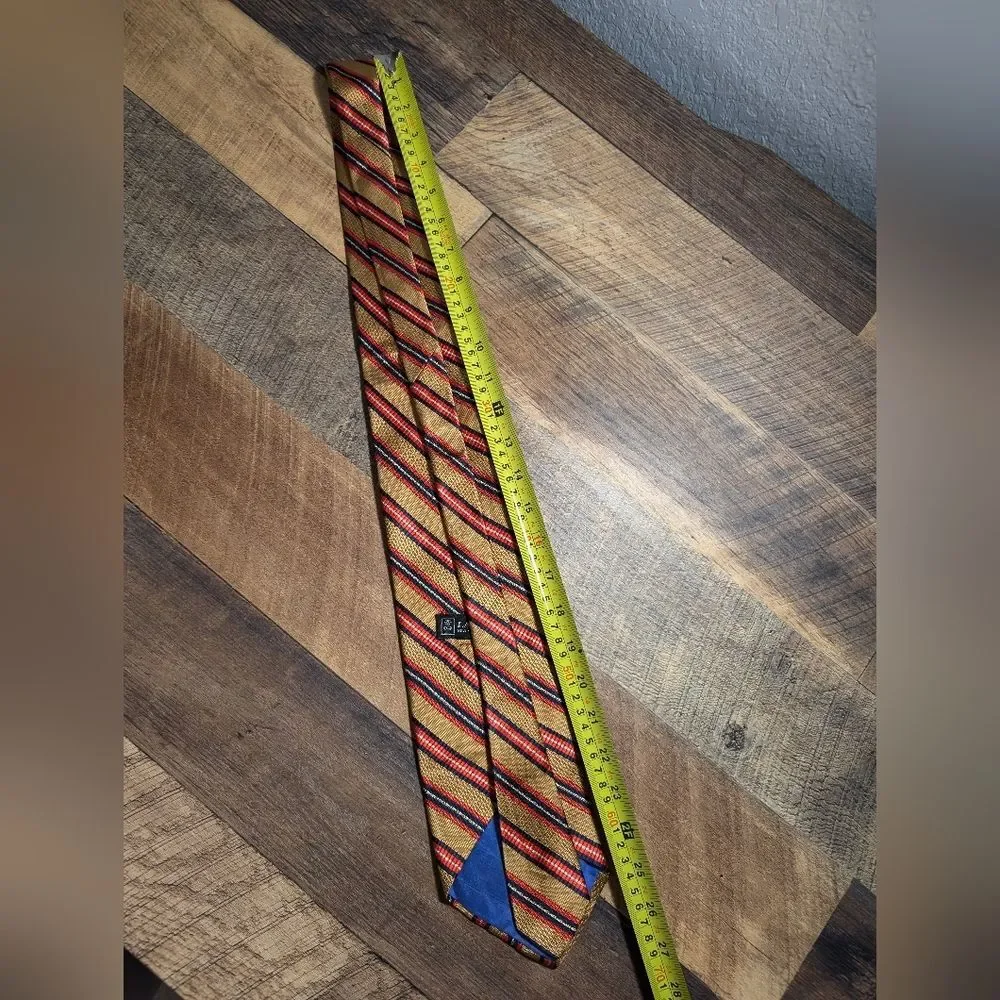 Vintage Lanvin 100% Silk Striped Pattern Tie in Mustard Red Navy White Colorful